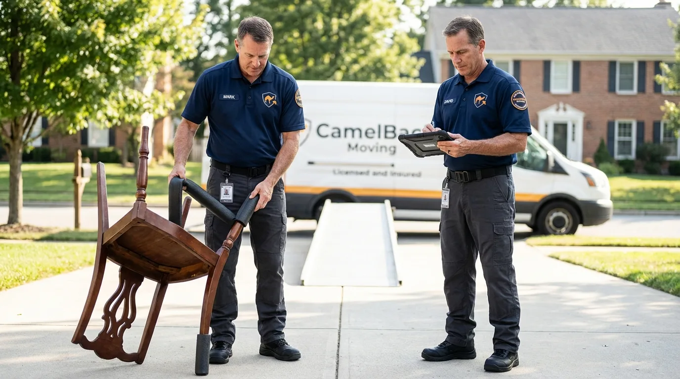 Movers inspecting furniture for damage prevention before loading in Boxborough, MA